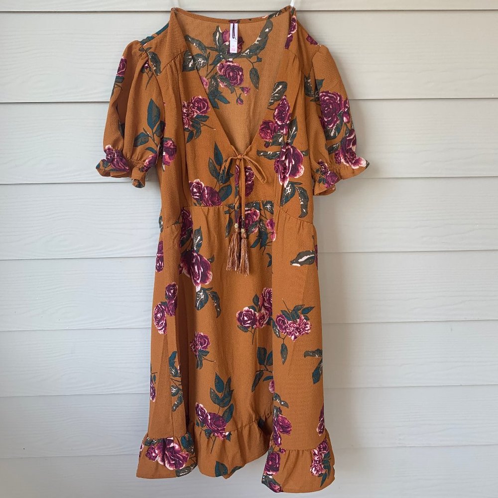 Burnt Orange Floral Boho Style Tie Front Dress